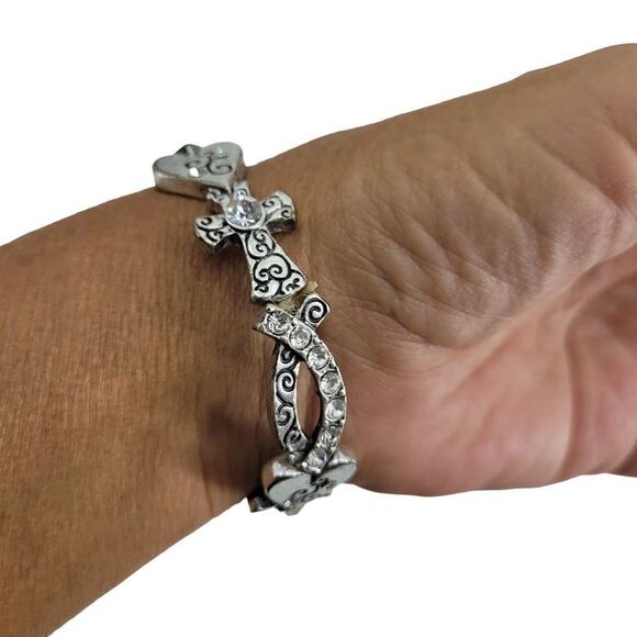 Silver Bracelet Stretch Beaded Inspirational Religious Heart Cross Ichthys - Picture 4 of 5